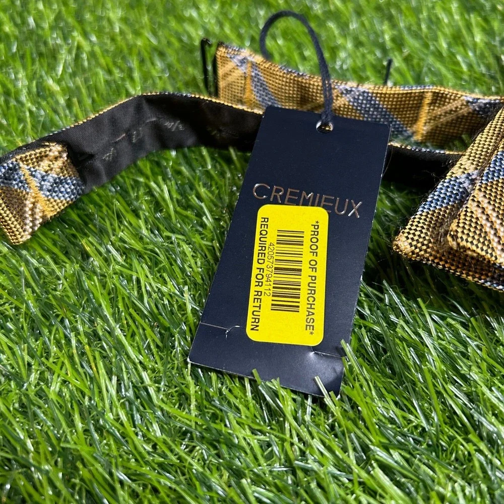 Cremieux Plaid Bow Tie Mens One Size Gold Blue Silk Adjustable Self Tie NWT